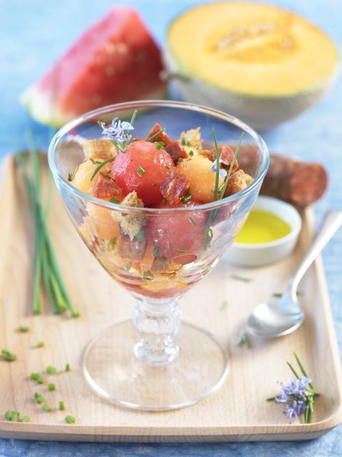 Verrine de melon et de pastèque au chorizo Verrine de melon et de pastèque au chorizo